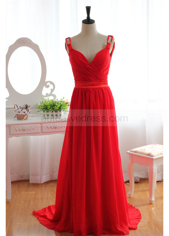 Red Chiffon Deep V Back Sexy Long Prom Dress